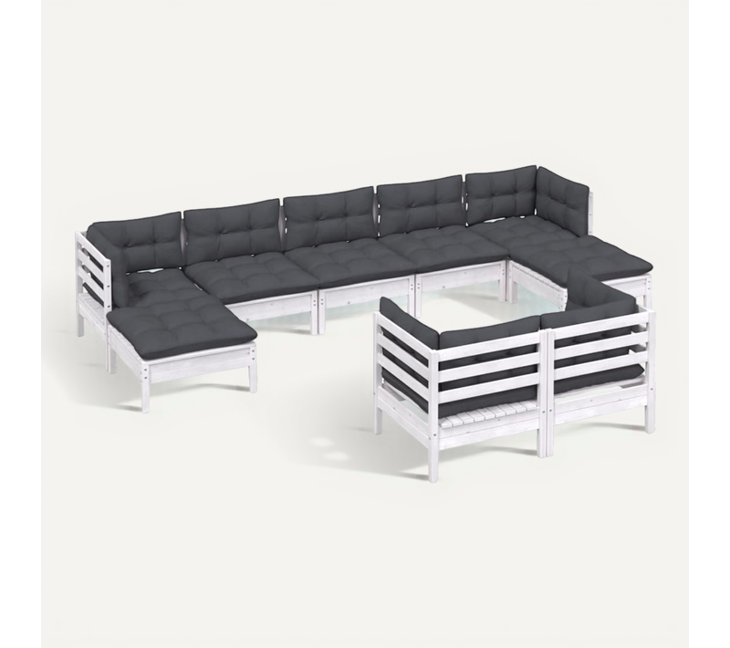 Salon De Jardin 9 Pièces Avec Coussins Blanc Bois De Pin Massif Sièges Multiples