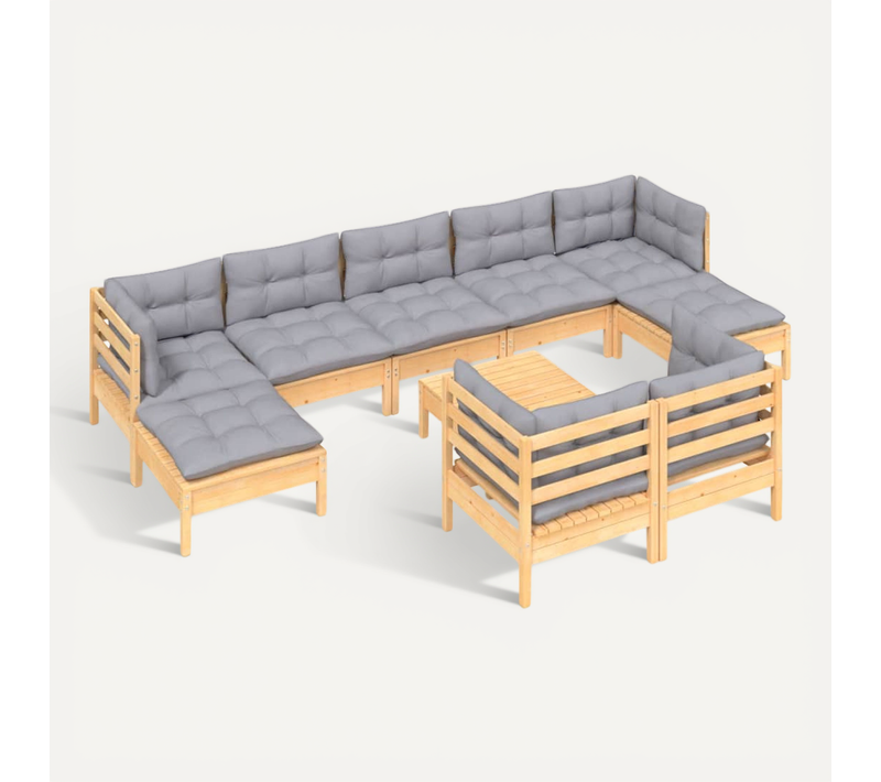 Salon De Jardin 10 Pièces Avec Coussins Gris Bois De Pin Massif Modulaire