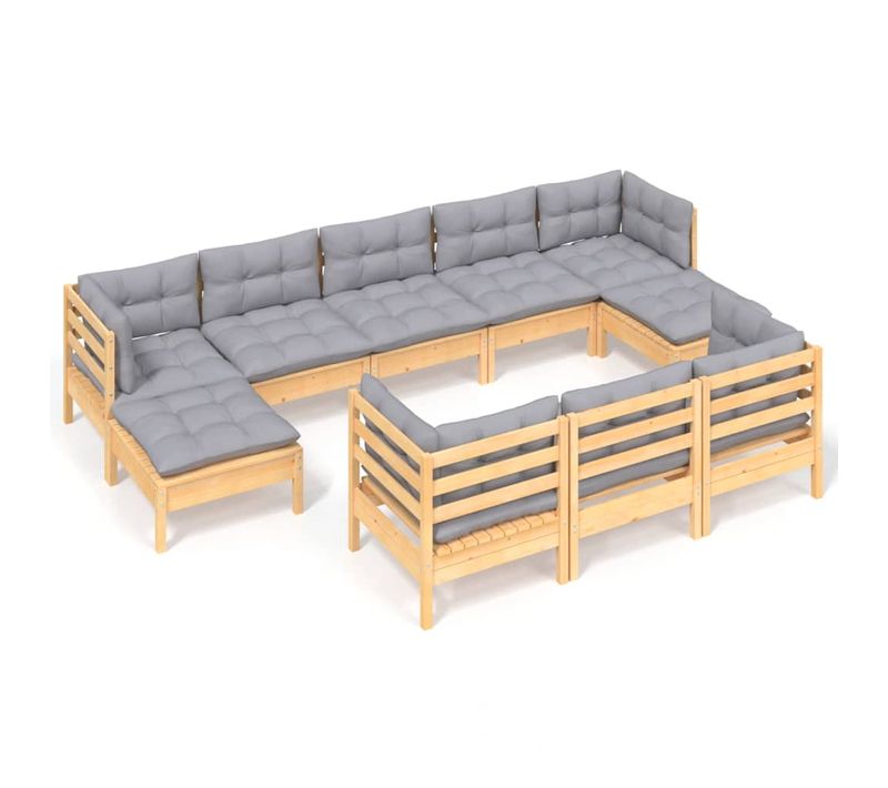 Salon De Jardin 10 Pièces Avec Coussins Gris Bois De Pin Massif