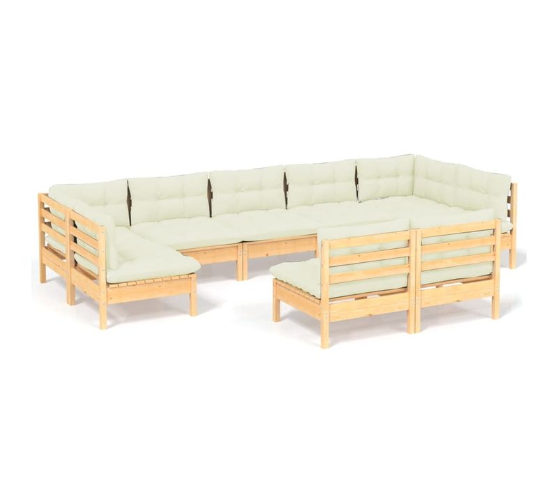 Salon De Jardin 9 PCs Avec Coussins Crème Bois De Pin Solide