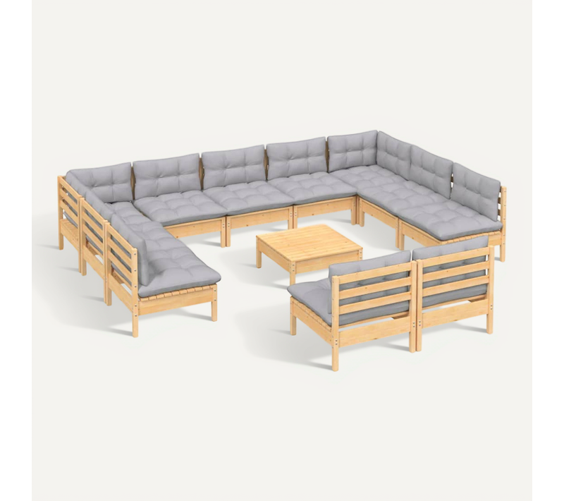 Salon De Jardin 12 Pièces Avec Coussins Gris Bois De Pin Massif Modulaire