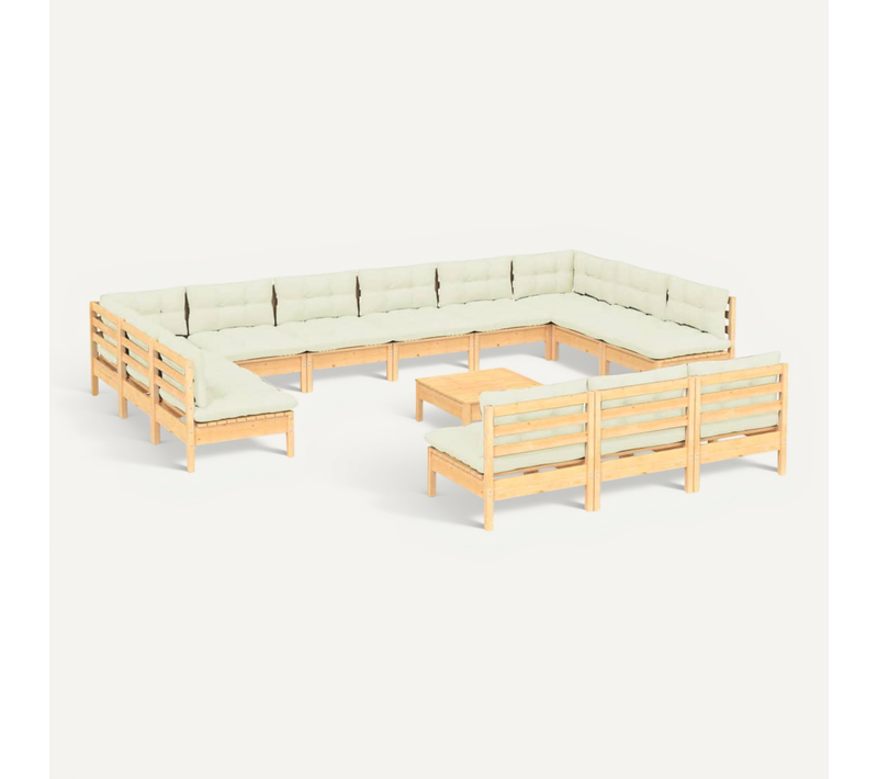 Salon De Jardin 14 Pièces Avec Coussins Crème Bois De Pin Solide Modulaire