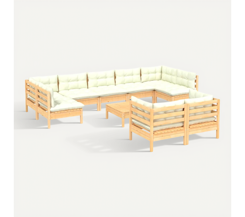 Salon De Jardin 10 Pièces Avec Coussins Crème Bois De Pin Massif Modulaire