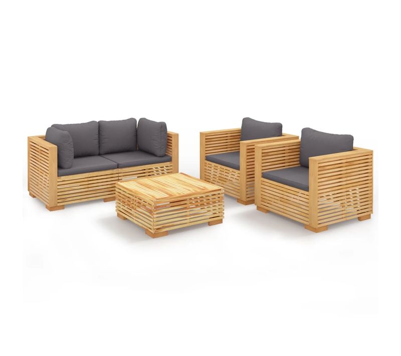 Salon De Jardin 5 PCs Avec Coussins Bois De Teck Solide