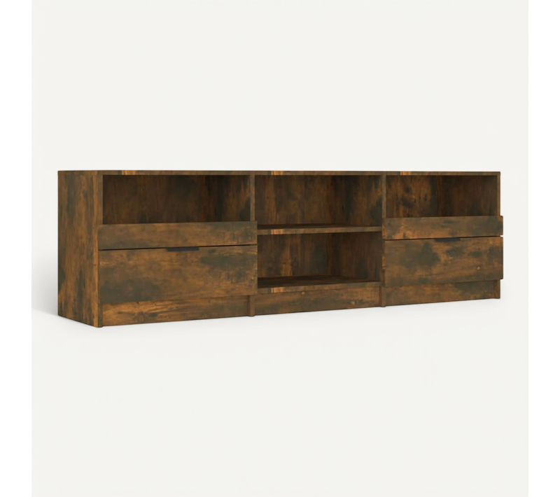 Meuble TV 150x33,5x45 Cm Chêne Fumé Bois Contreplaqué Tiroirs étagères Rangement Supérieur