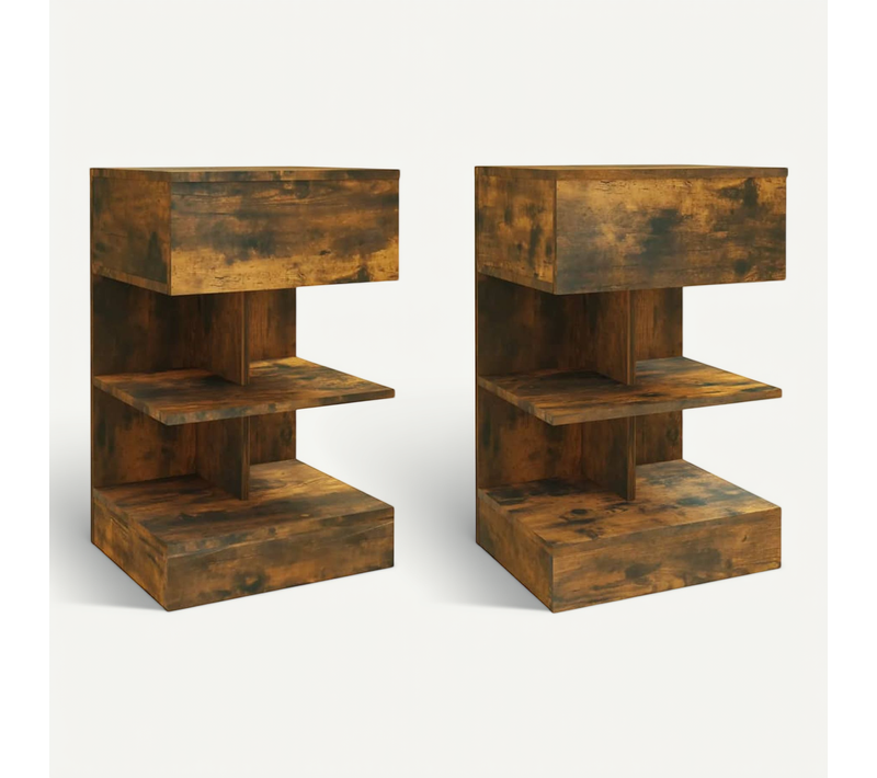 Tables De Chevet 2 Pièces Chêne Fumé 40x35x65 Cm Bois Contreplaqué