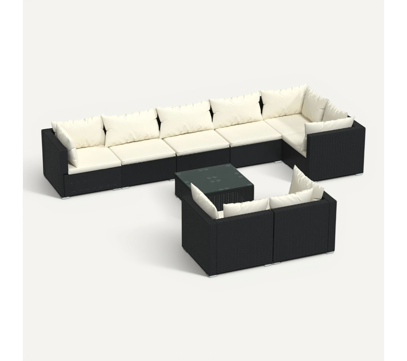 Salon De Jardin 9 Pièces Avec Coussins Noir Résine Tressée Modulaire