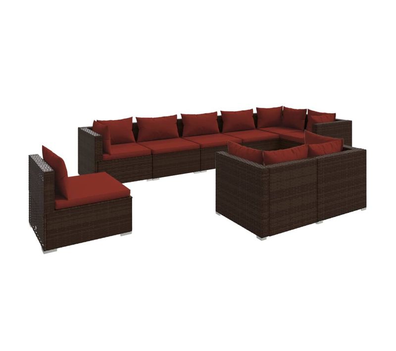 Salon De Jardin 9 PCs Avec Coussins Résine Tressée Marron