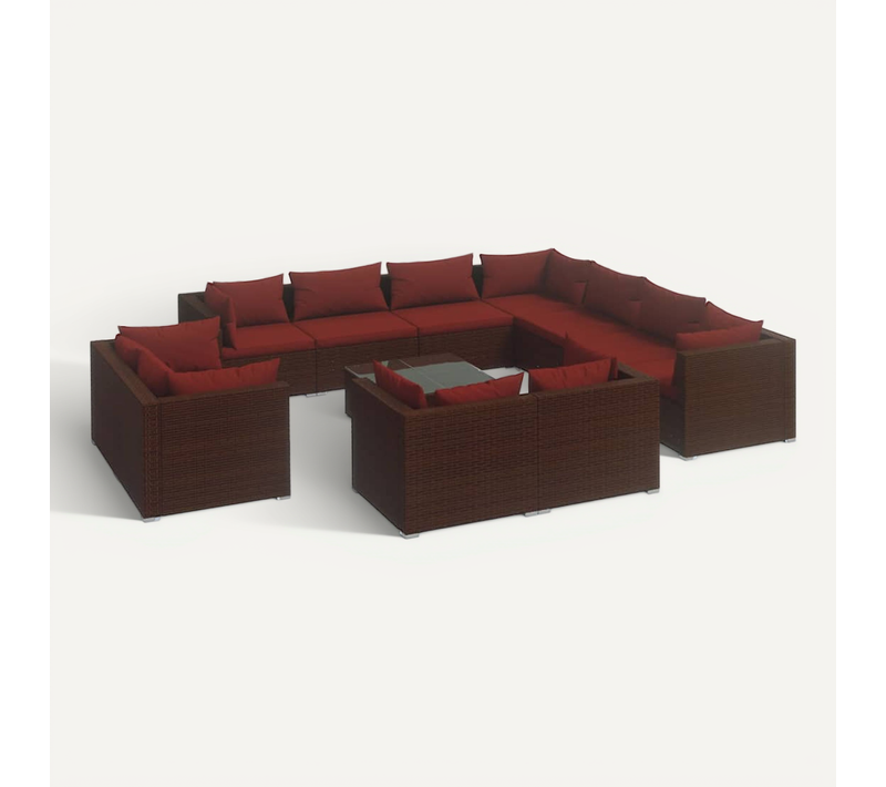 Salon De Jardin 12 PCs Avec Coussins Marron Résine Tressée
