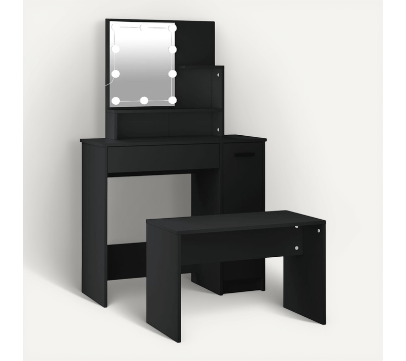 Ensemble De Coiffeuse Avec LED Noir Bois Contreplaqué