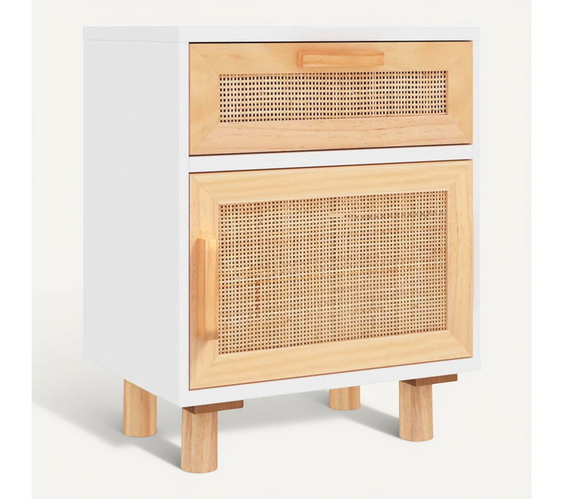 Table De Chevet Blanc Bois De Pin Massif Et Rotin Naturel