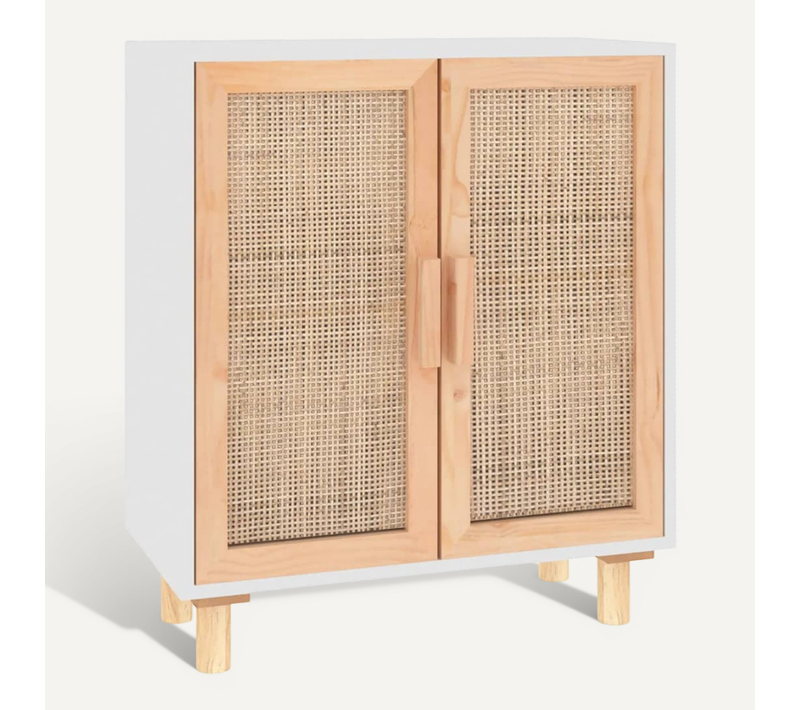 Buffet Blanc 60x30x70 Cm Bois De Pin Massif Et Rotin Naturel