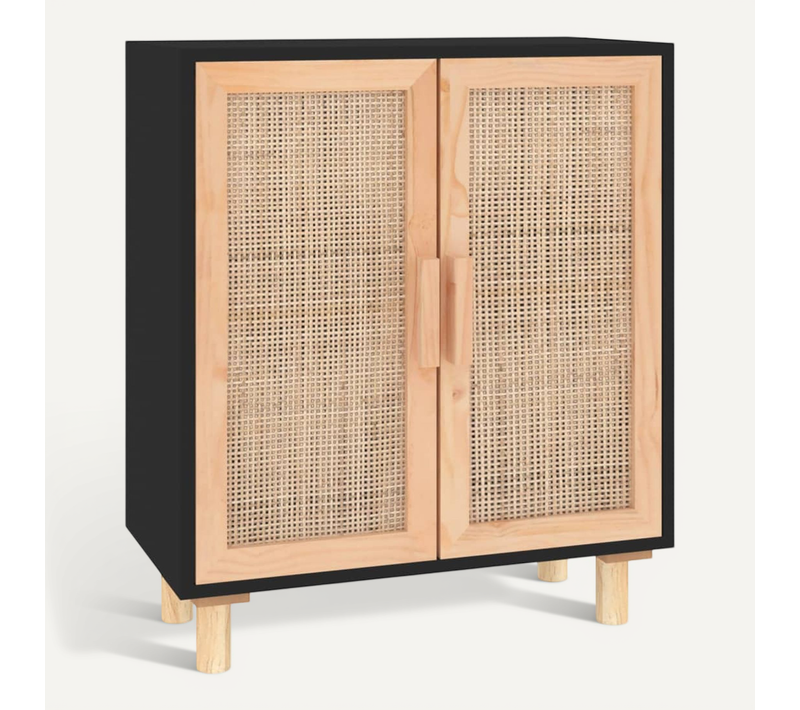 Buffet Noir 60x30x70 Cm Bois De Pin Massif Et Rotin Naturel