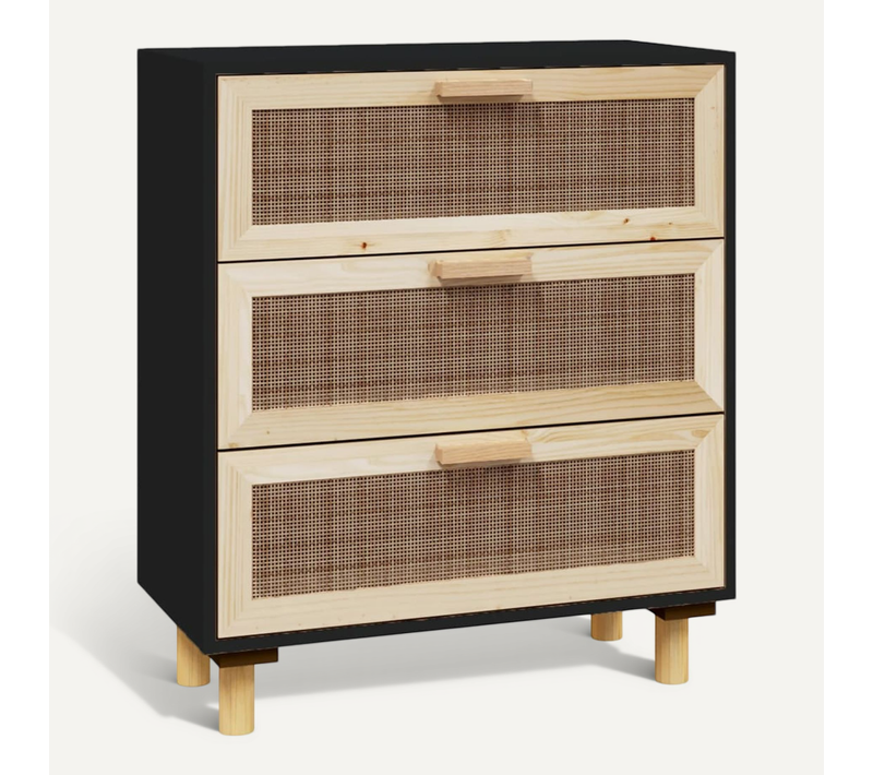 Buffet Noir 60x30x70 Cm Bois De Pin Massif Et Rotin Naturel