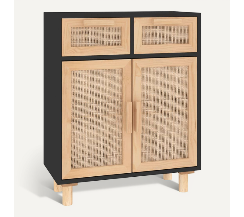 Buffet Noir 60x30x75 Cm Bois De Pin Massif Et Rotin Naturel