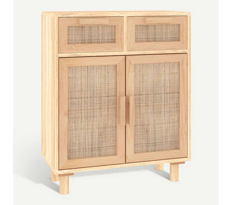 Buffet Marron 60x30x75 Cm Bois De Pin Massif Et Rotin Naturel