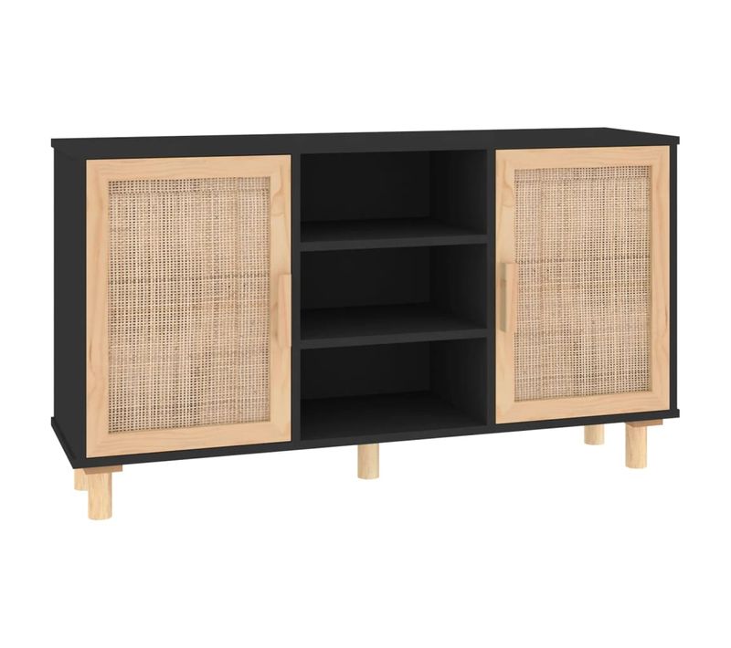 Buffet Noir 105x30x60 Cm Bois De Pin Massif Et Rotin Naturel