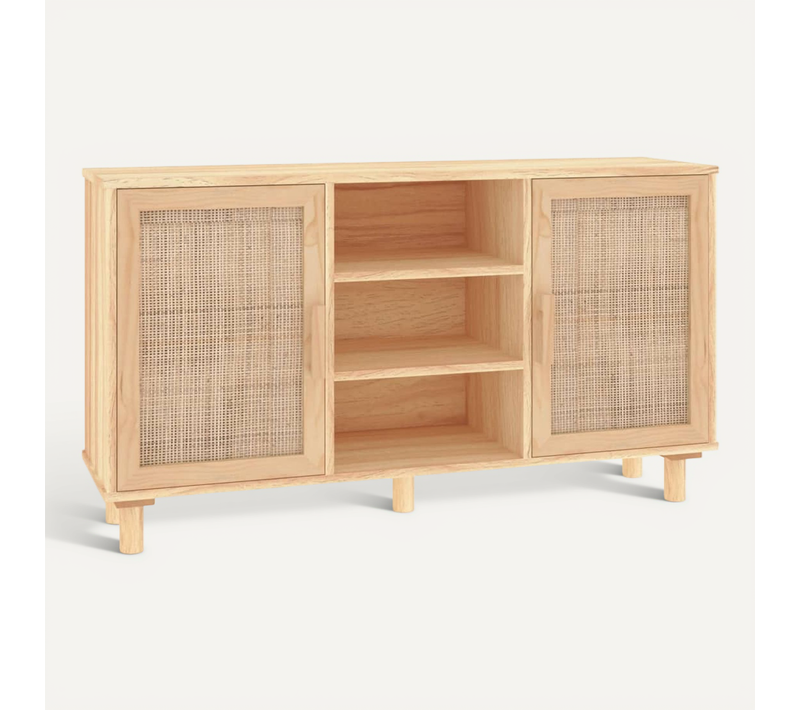 Buffet Marron 105x30x60 Cm Bois De Pin Massif Et Rotin Naturel