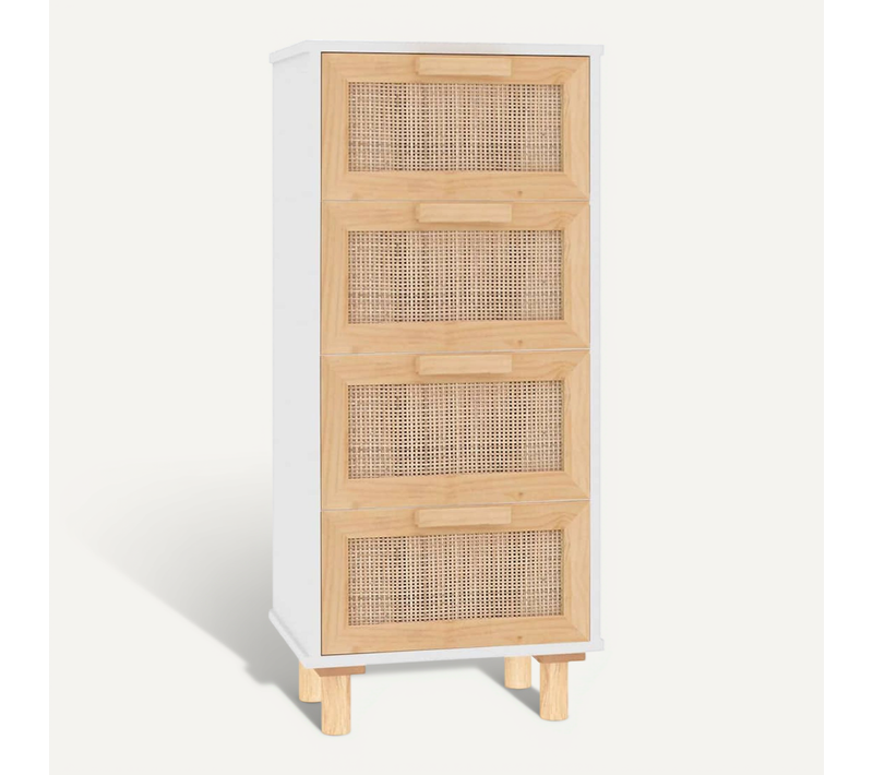 Buffet Blanc 40x30x90 Cm Bois De Pin Massif Et Rotin Naturel