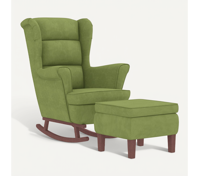 Fauteuil à Bascule à Oreilles En Velours Vert Clair Bois Massif