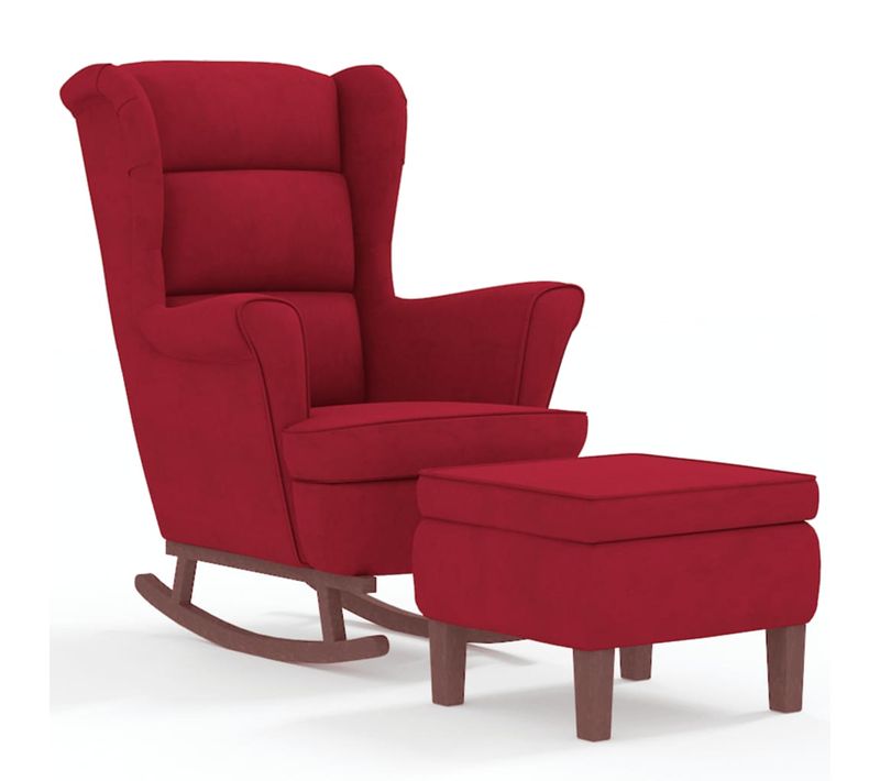 Fauteuil à Bascule à Oreilles En Velours Rouge Vin Bois Massif