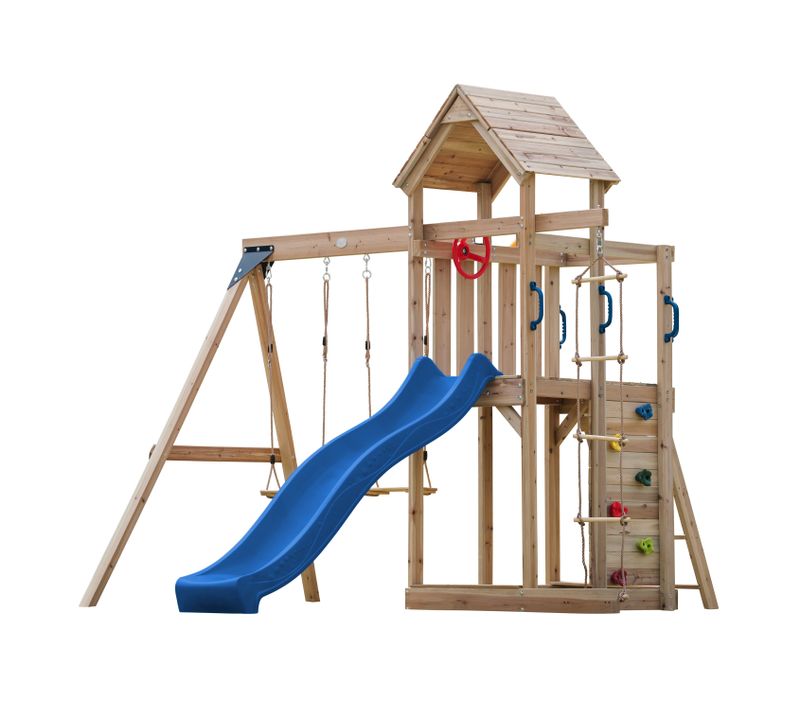 Moos Aire De Jeux En Bois Avec 2 Balançoires, Echelle En Corde, Toboggan Bleu / Aire De Jeux