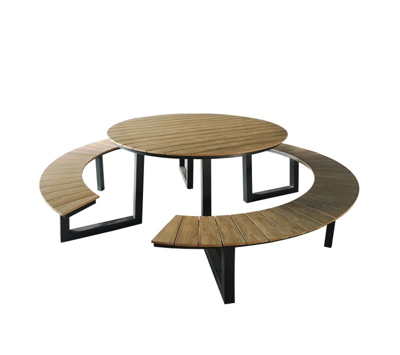 Taco Table De Pique-nique Ronde En Teck et Anthracite Pour 6 Personnes - 200 X 190 Cm - Table De