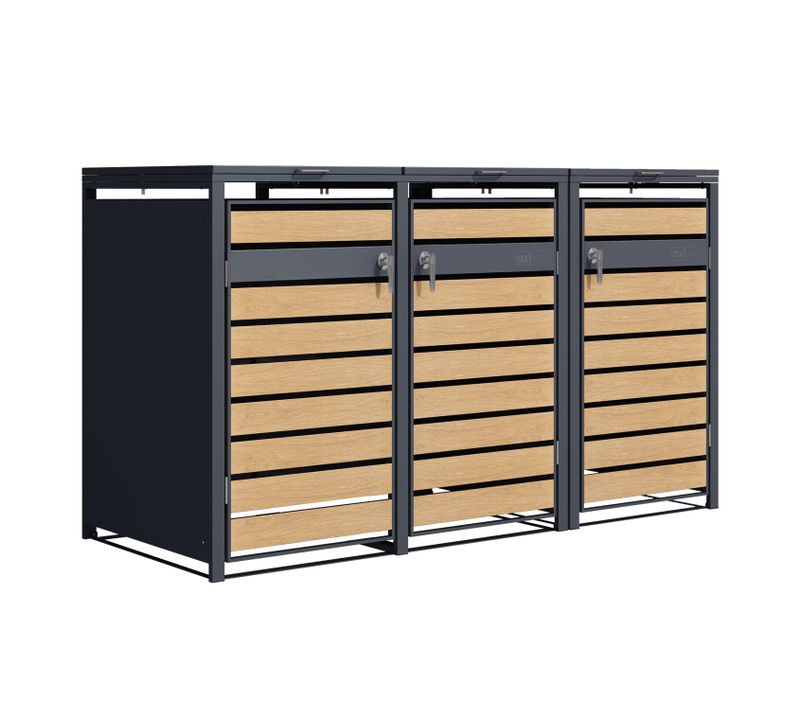 Lucas Cache Poubelle Métallique Anthracite/aspect Bois - Abri Poubelle Pour 3 Conteneurs - Max.