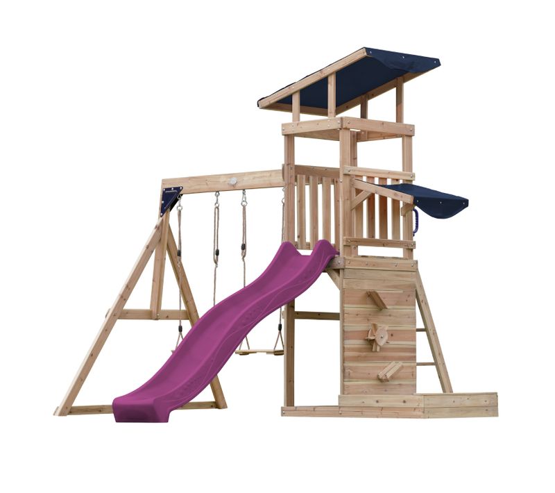 Malik Aire De Jeux En Bois Avec 2 Balançoires, Toboggan Violet/ Aire De Jeux Extérieur, Bac À