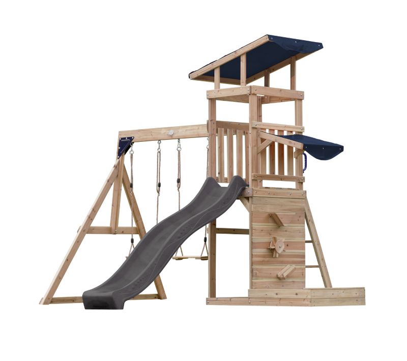 Malik Aire De Jeux En Bois Avec 2 Balançoires, Toboggan Gris/ Aire De Jeux Extérieur, Bac À