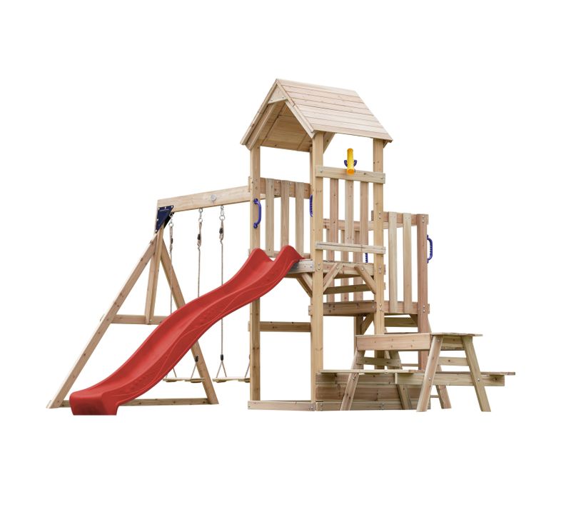 Mette Aire De Jeux En Bois Avec 2 Balançoires, Toboggan Rouge, Table De Pique Nique / Aire De