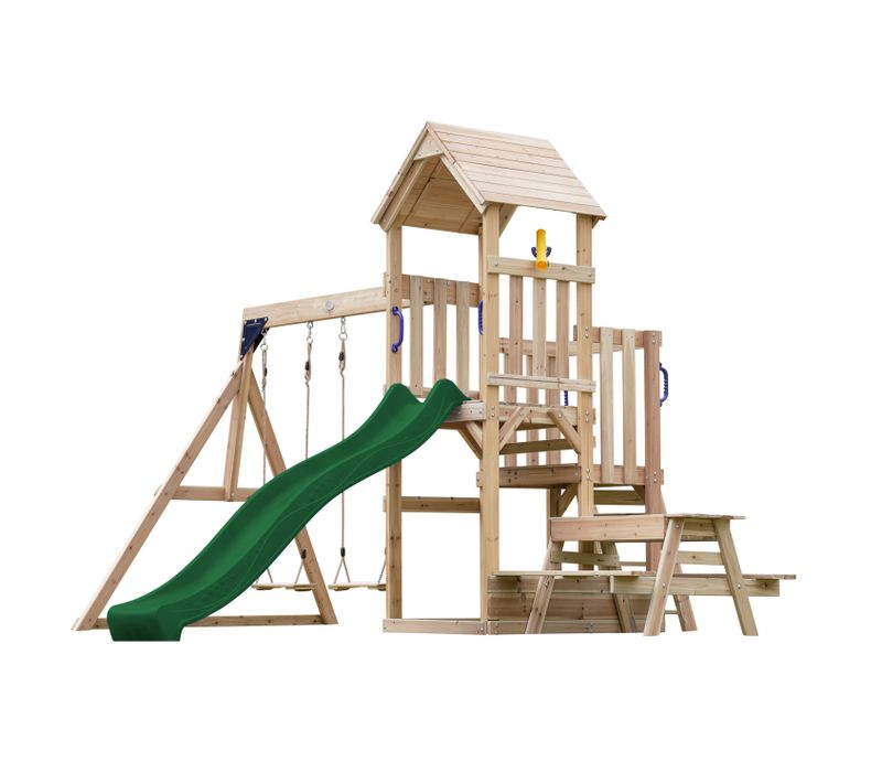 Mette Aire De Jeux En Bois Avec 2 Balançoires, Toboggan Vert, Table De Pique Nique / Aire De