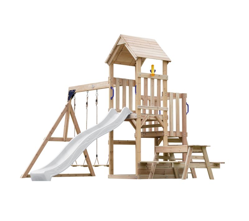 Mette Aire De Jeux En Bois Avec 2 Balançoires, Toboggan Blanc, Table De Pique Nique / Aire De
