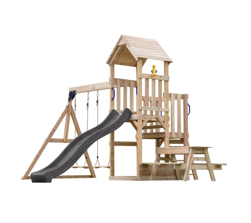 Mette Aire De Jeux En Bois Avec 2 Balançoires, Toboggan Gris, Table De Pique Nique / Aire De