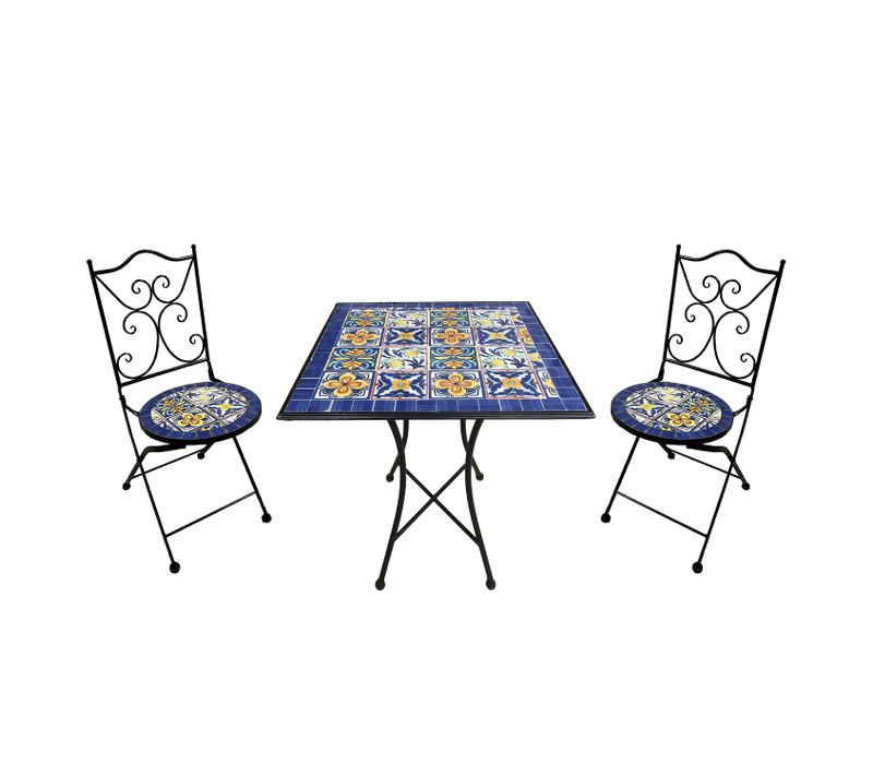 Camilla Table Et Chaise Bistrot, 2 Chaises 1 Table,  Ensemble Bistro Extérieur, Mosaique Bleu