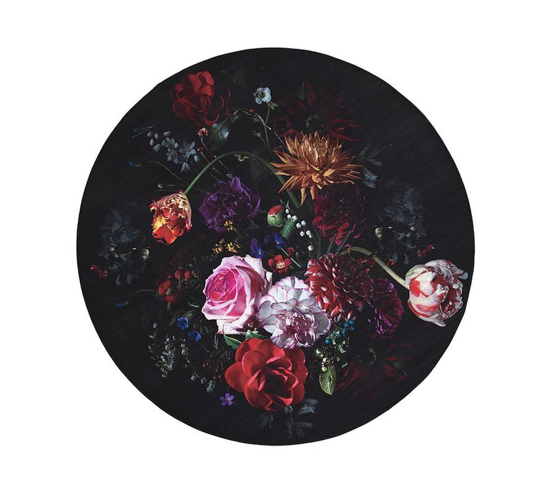 Tapis Rond à Fleur - Florine Noir/rose - Rond - D. 100 Cm