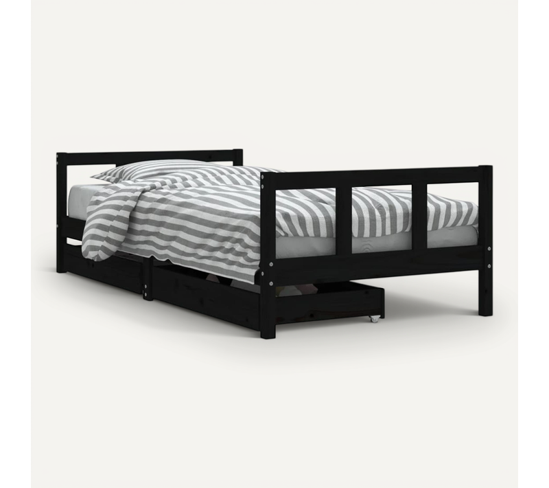Lit enfant Tiroirs Noir 90x190cm Bois De Pin Massif