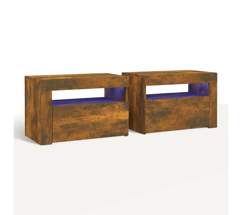 Tables De Chevet 2 Pièces Avec LED Chêne Fumé 60x35x40 Cm