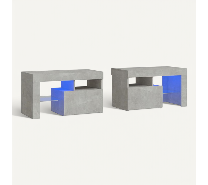 Tables De Chevet 2 PCs Et Lumières LED Gris Béton 70x36,5x40 Cm
