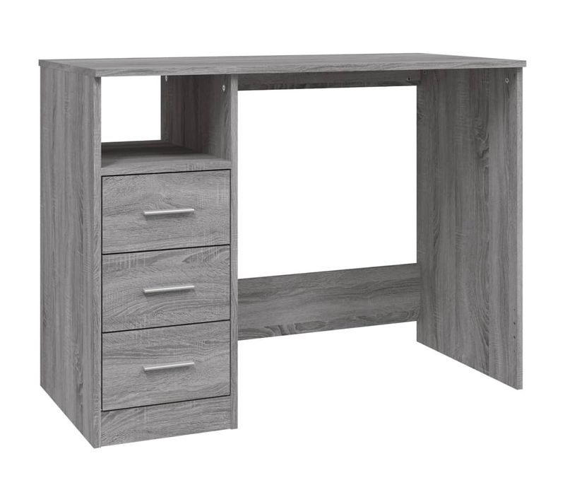 Bureau 102x50x76 Cm Bois Contreplaqué Gris Sonoma 3 Tiroirs Étagère Ouverte Fixation Murale