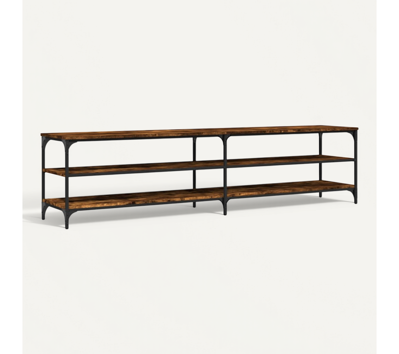 Meuble TV Chêne Fumé 200x30x50 Cm Bois Contreplaqué Et Métal