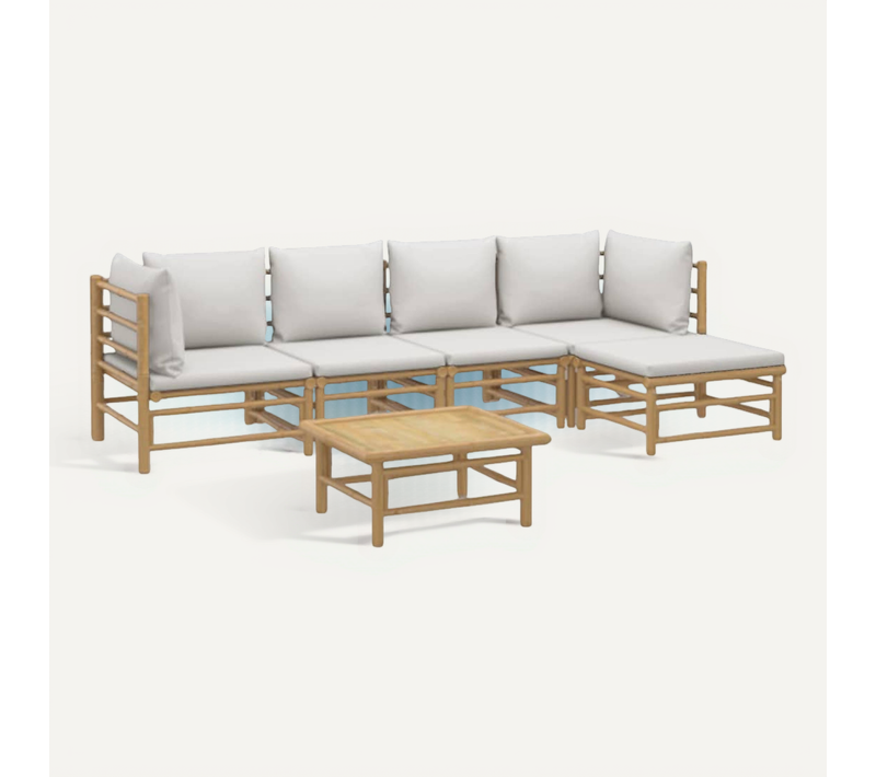Salon De Jardin 6 Pièces Avec Coussins Gris Clair Bambou Modulaire