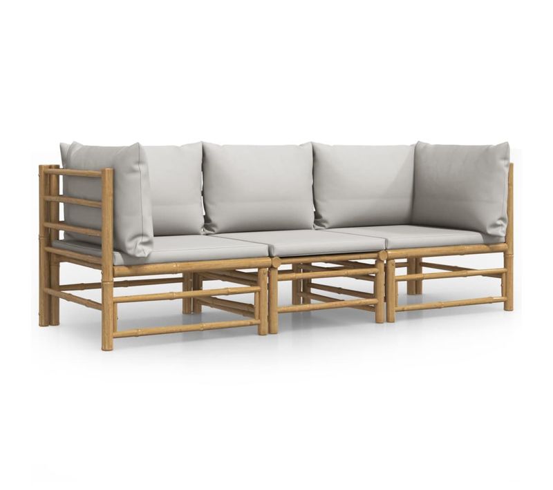 Salon De Jardin 3 Pièces Avec Coussins Gris Clair Bambou