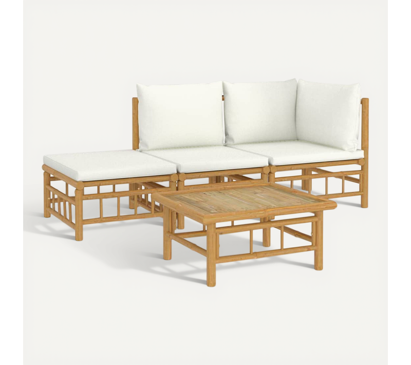 Salon De Jardin 4 Pièces Avec Coussins Blanc Crème Bambou Modulaire