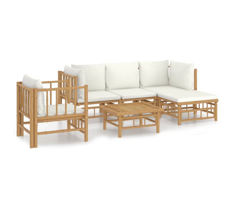 Salon De Jardin 6 Pièces Avec Coussins Blanc Crème Bambou
