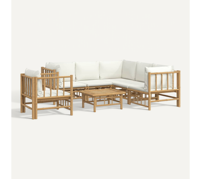 Salon De Jardin 7 Pièces Avec Coussins Blanc Crème Bambou Modulaire