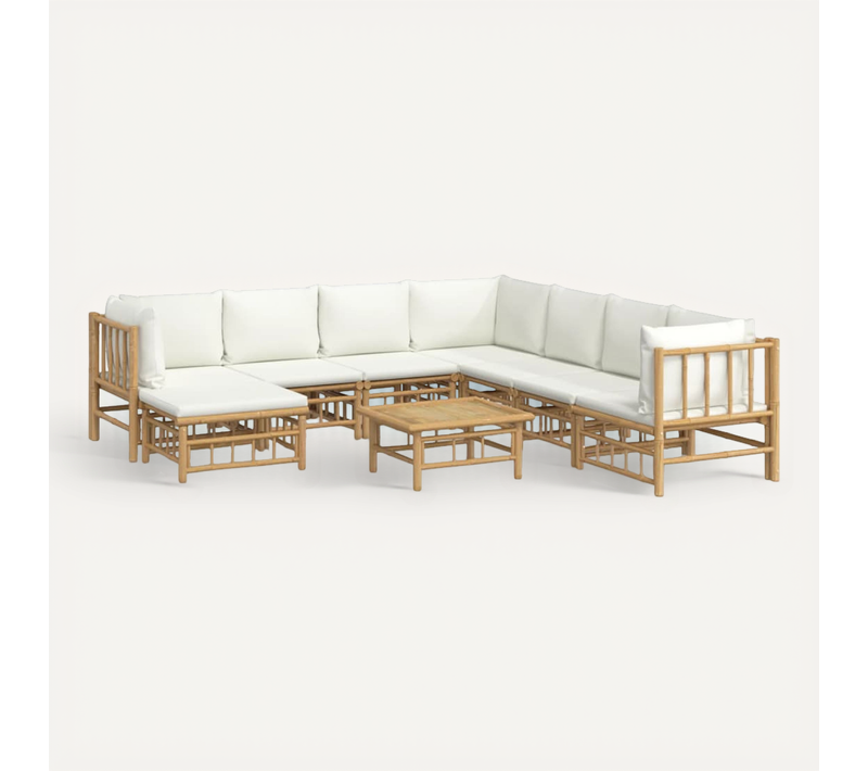 Salon De Jardin 9 Pièces Avec Coussins Blanc Crème Bambou Modulaire