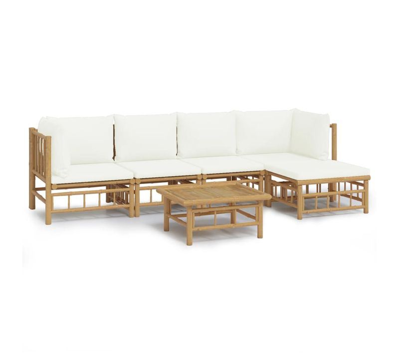Salon De Jardin 6 Pièces Avec Coussins Blanc Crème Bambou