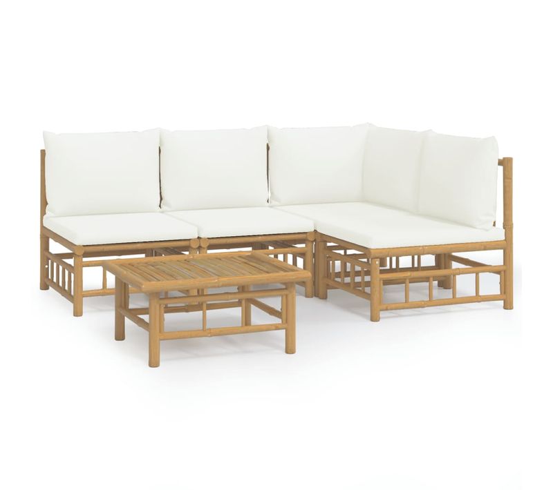 Salon De Jardin 5 Pièces Avec Coussins Blanc Crème Bambou