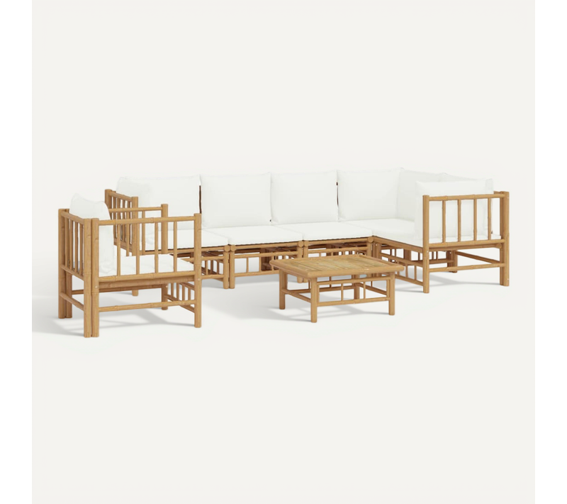 Salon De Jardin 7 Pièces Avec Coussins Blanc Crème Bambou Modulaire